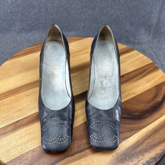 Chanel Womens Pumps Blue Leather Sz 36/6 Mark Punch CC Logo Heels Square Toe - Picture 16 of 16